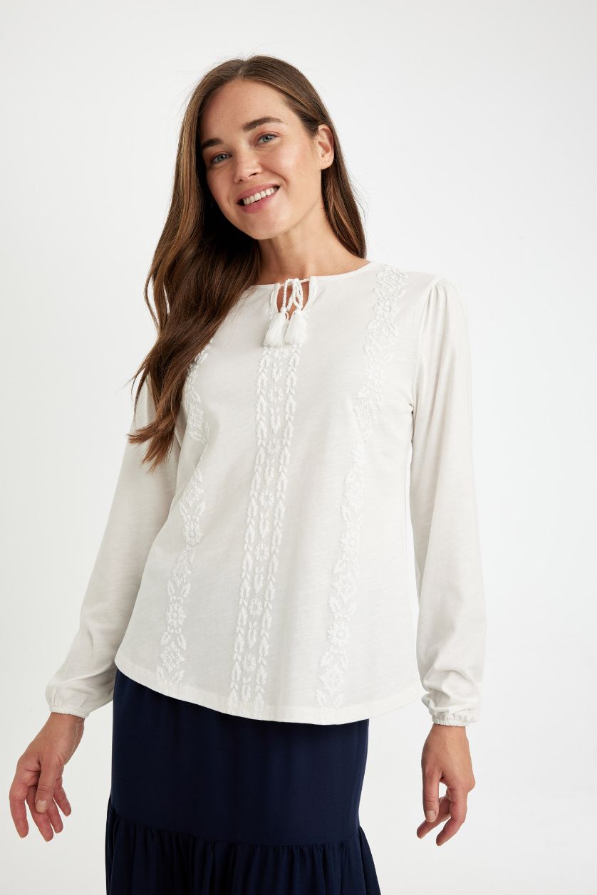 Woman Ecru Regular Fit Cotton Long Sleeve T-Shirt