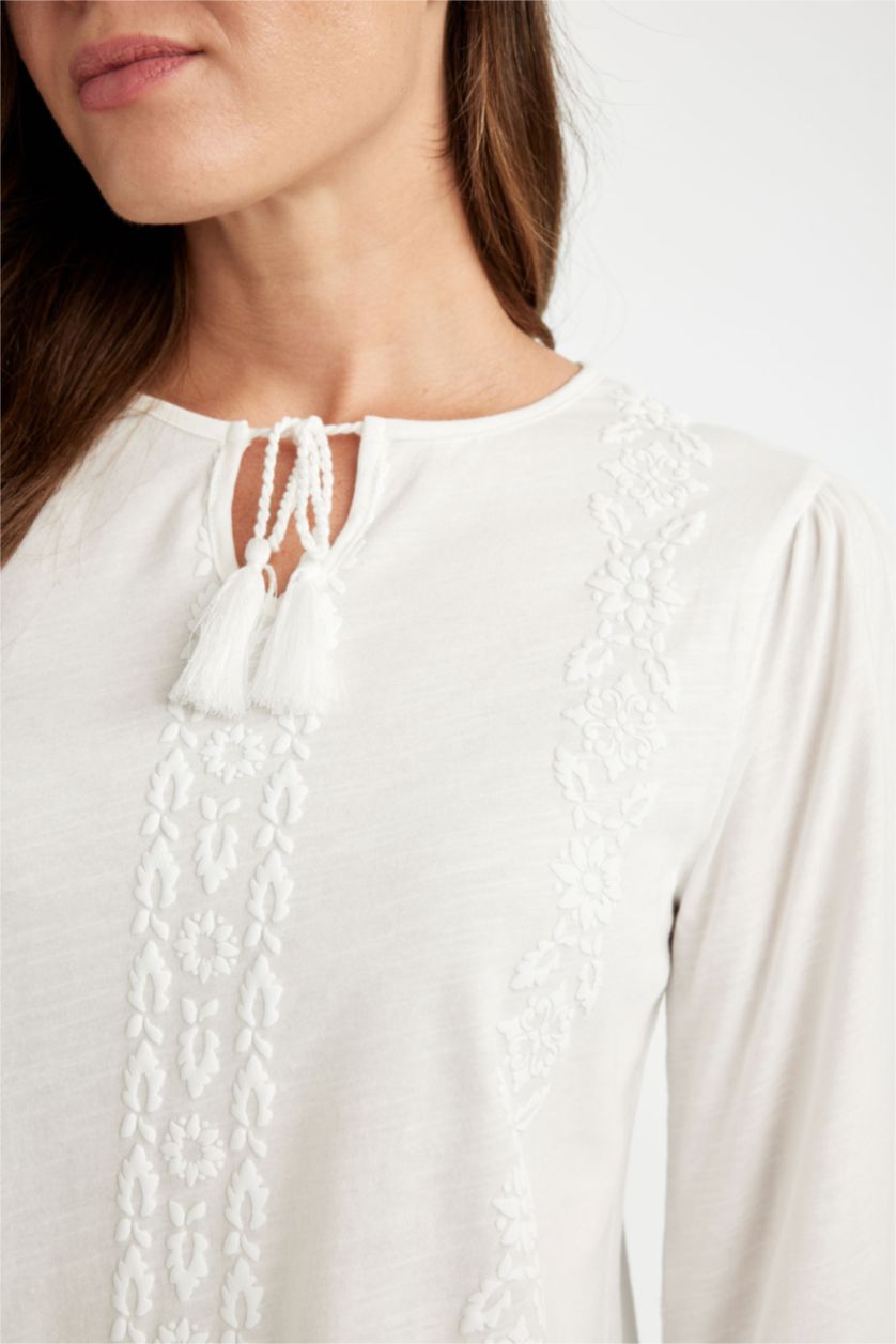 Woman Ecru Regular Fit Cotton Long Sleeve T-Shirt