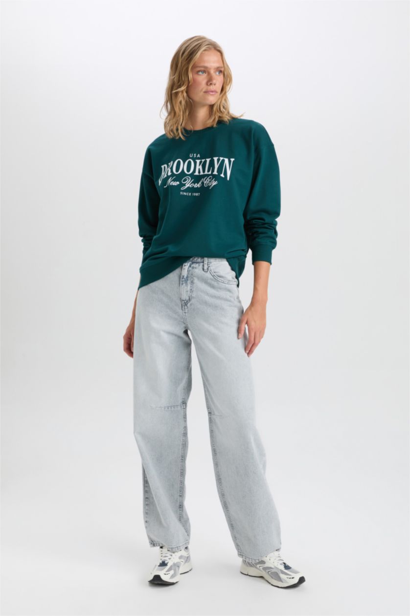 WOMAN Dark Green Regular Fit Thin Sweatshirt Fabric Sweatshirt