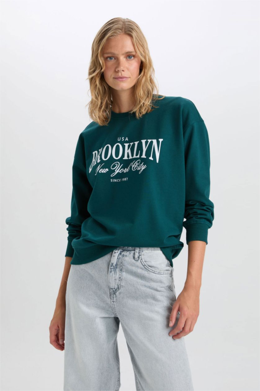 WOMAN Dark Green Regular Fit Thin Sweatshirt Fabric Sweatshirt