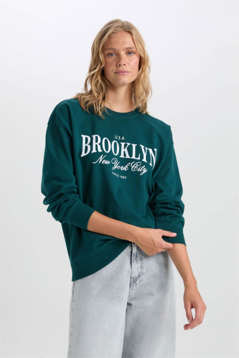 WOMAN Dark Green Regular Fit Thin Sweatshirt Fabric Sweatshirt