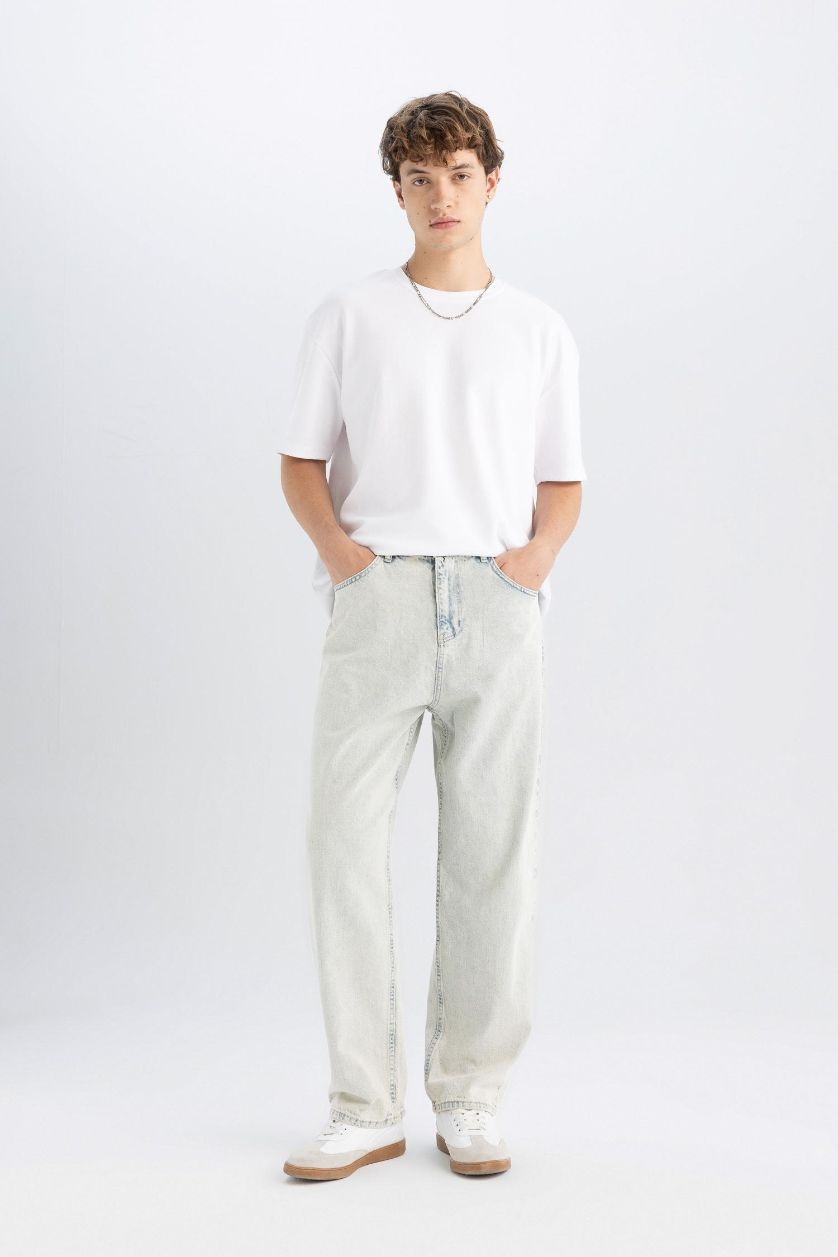 Erkek Açık Mavi %100 Pamuk Baggy Fit Geniş Kalıp Normal Bel Geniş Paça Jean Pantolon