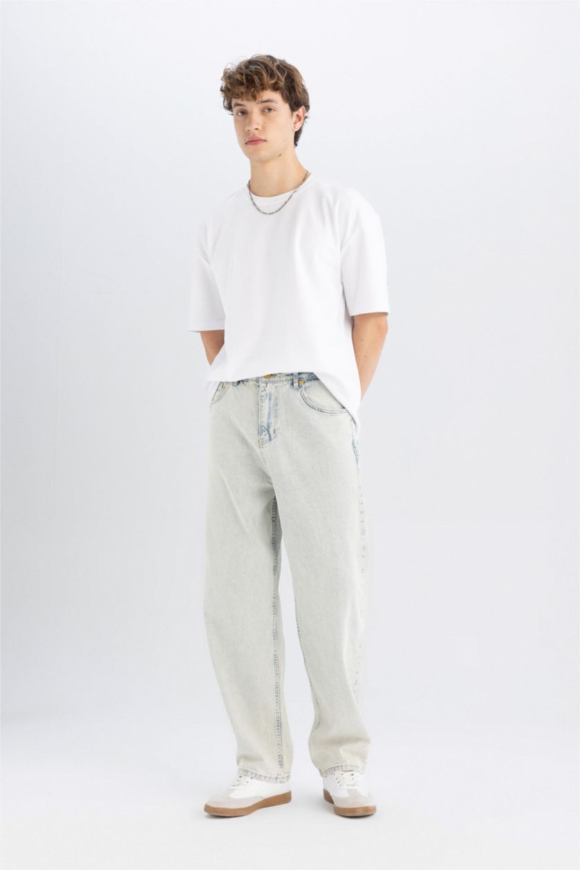 Erkek Açık Mavi %100 Pamuk Baggy Fit Geniş Kalıp Normal Bel Geniş Paça Jean Pantolon