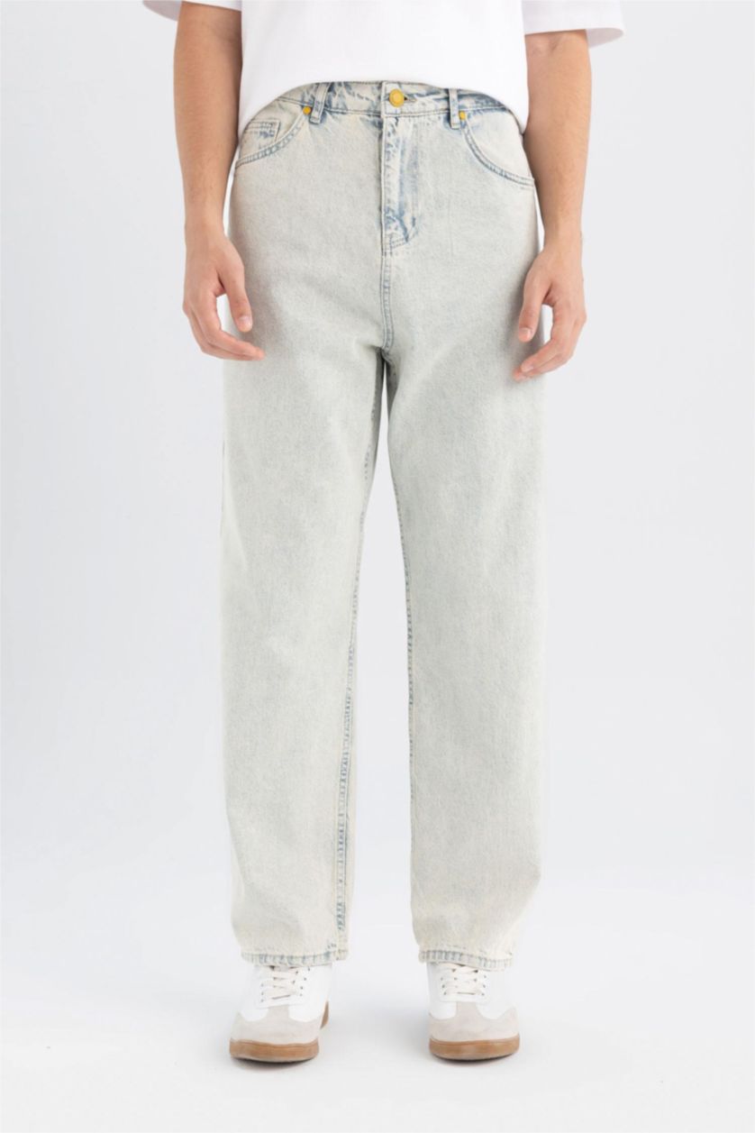 Erkek Açık Mavi %100 Pamuk Baggy Fit Geniş Kalıp Normal Bel Geniş Paça Jean Pantolon