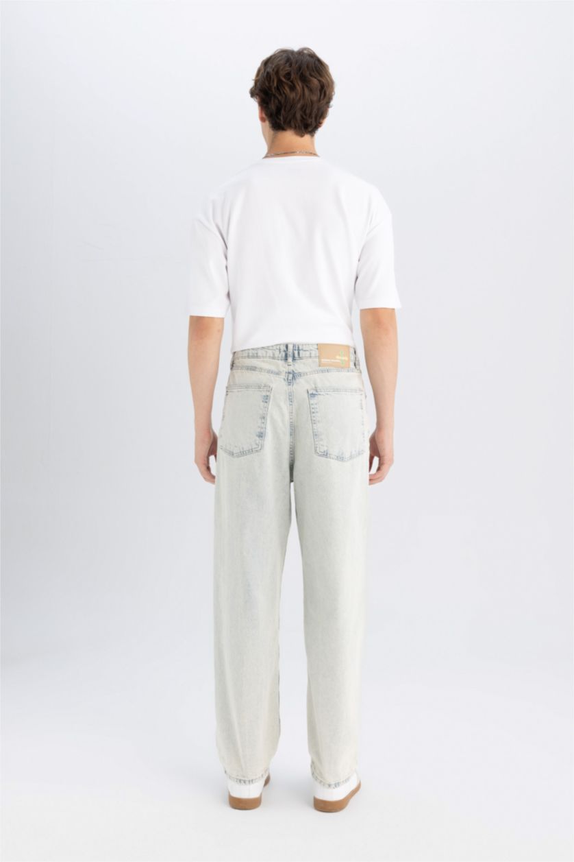 Erkek Açık Mavi %100 Pamuk Baggy Fit Geniş Kalıp Normal Bel Geniş Paça Jean Pantolon