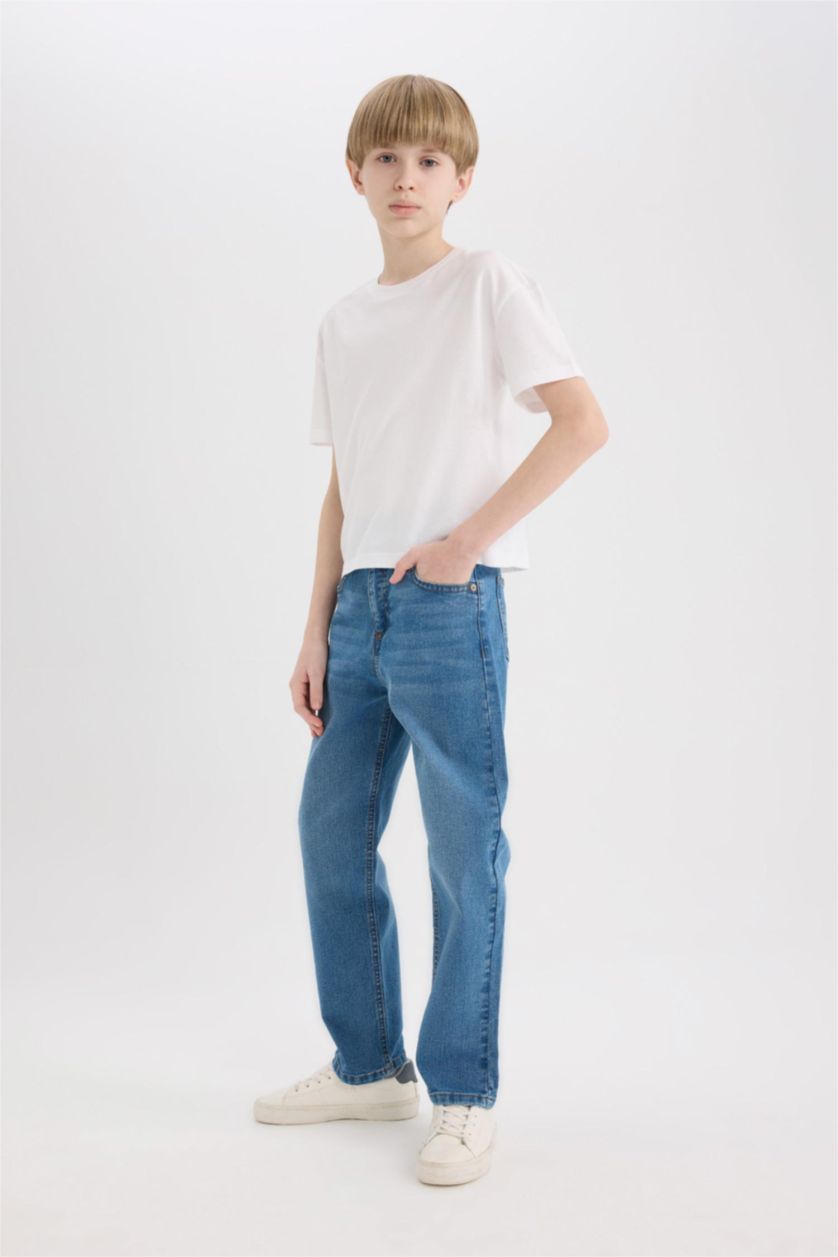 Erkek Çocuk - Genç Erkek Mavi Straight Fit Düz Paça Basic Düz Jean Pantolon Erkek Çocuk
