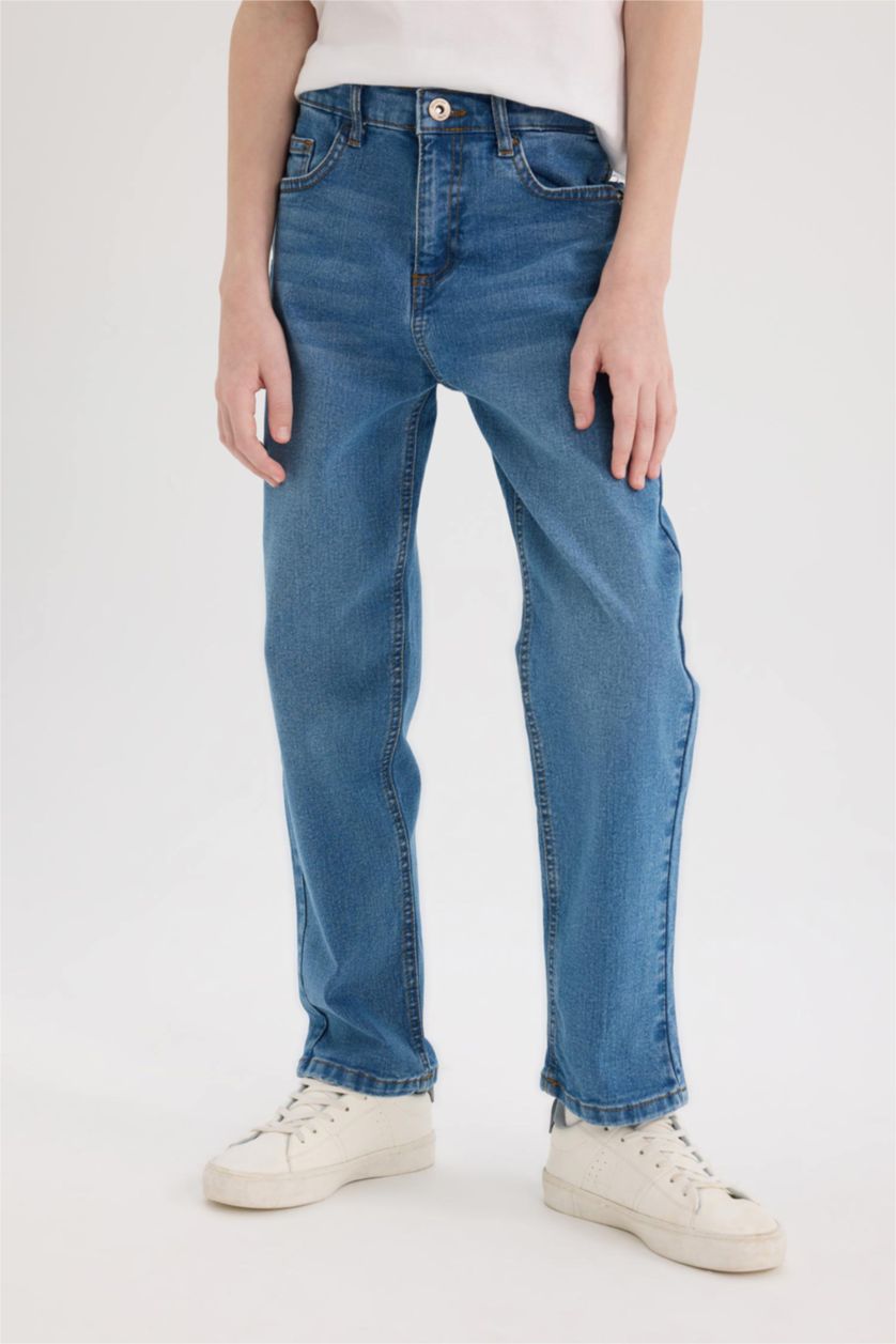 Erkek Çocuk - Genç Erkek Mavi Straight Fit Düz Paça Basic Düz Jean Pantolon Erkek Çocuk