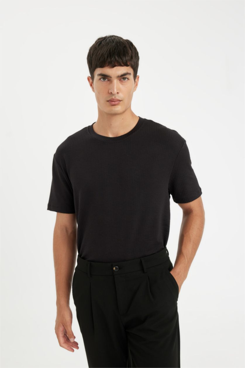 Erkek Siyah Regular Fit Bisiklet Yaka Krinkıl Kısa Kollu Siyah Tişört