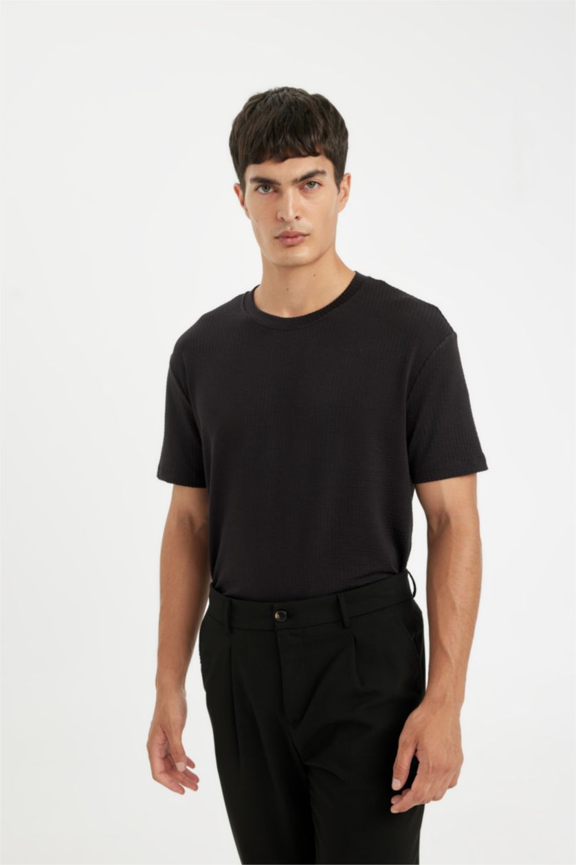 Erkek Siyah Regular Fit Bisiklet Yaka Krinkıl Kısa Kollu Siyah Tişört