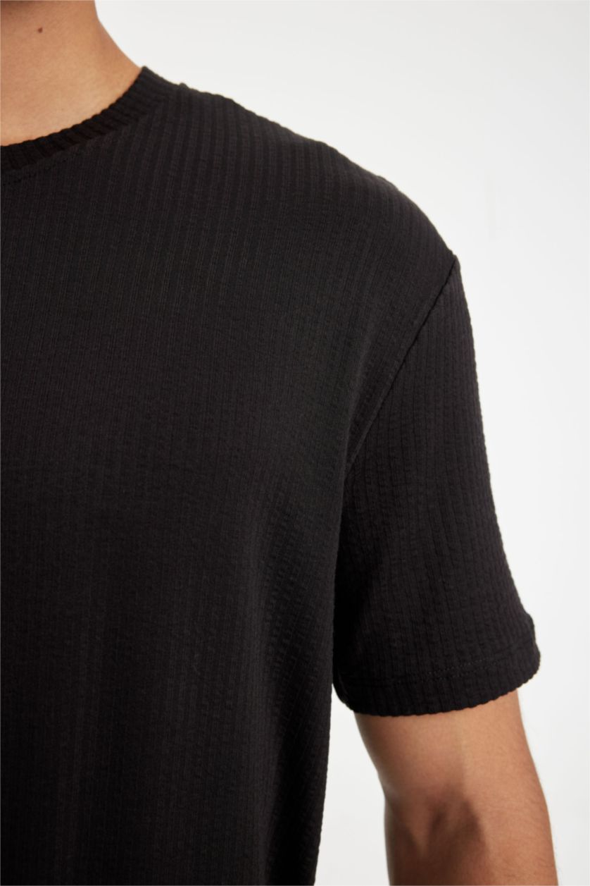 Erkek Siyah Regular Fit Bisiklet Yaka Krinkıl Kısa Kollu Siyah Tişört