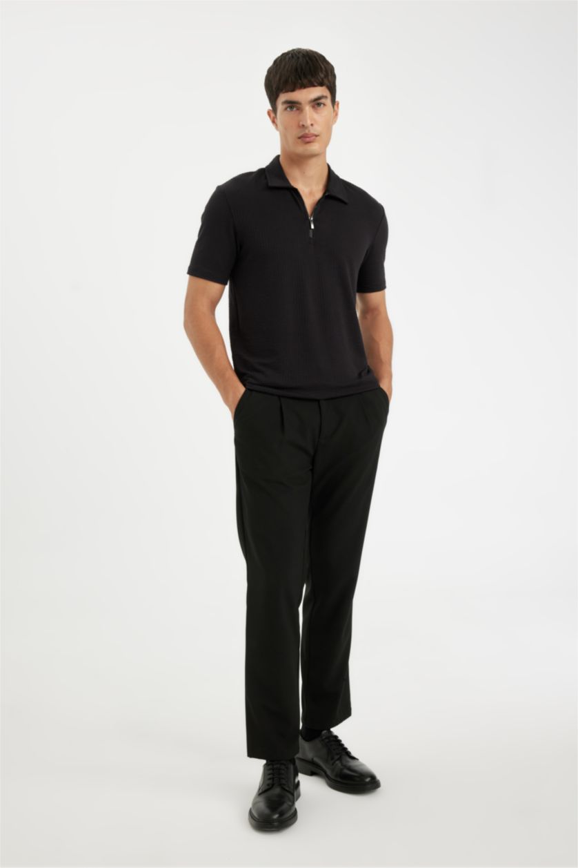 Erkek Siyah Slim Fit Dar Kesim Polo Yaka Yarım Fermuarlı Kısa Kollu Krinkıl Siyah Tişört