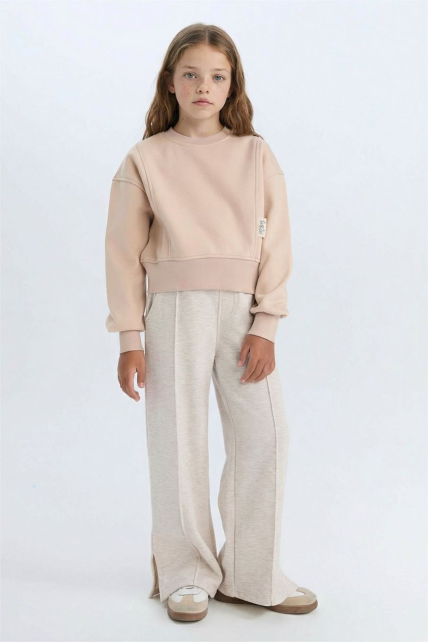 Kız Çocuk - Genç Kız Bej Melanj Kız Çocuk Wide Leg Beli Lastikli Eşofman Altı