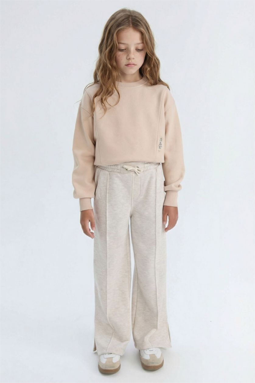Kız Çocuk - Genç Kız Bej Melanj Kız Çocuk Wide Leg Beli Lastikli Eşofman Altı