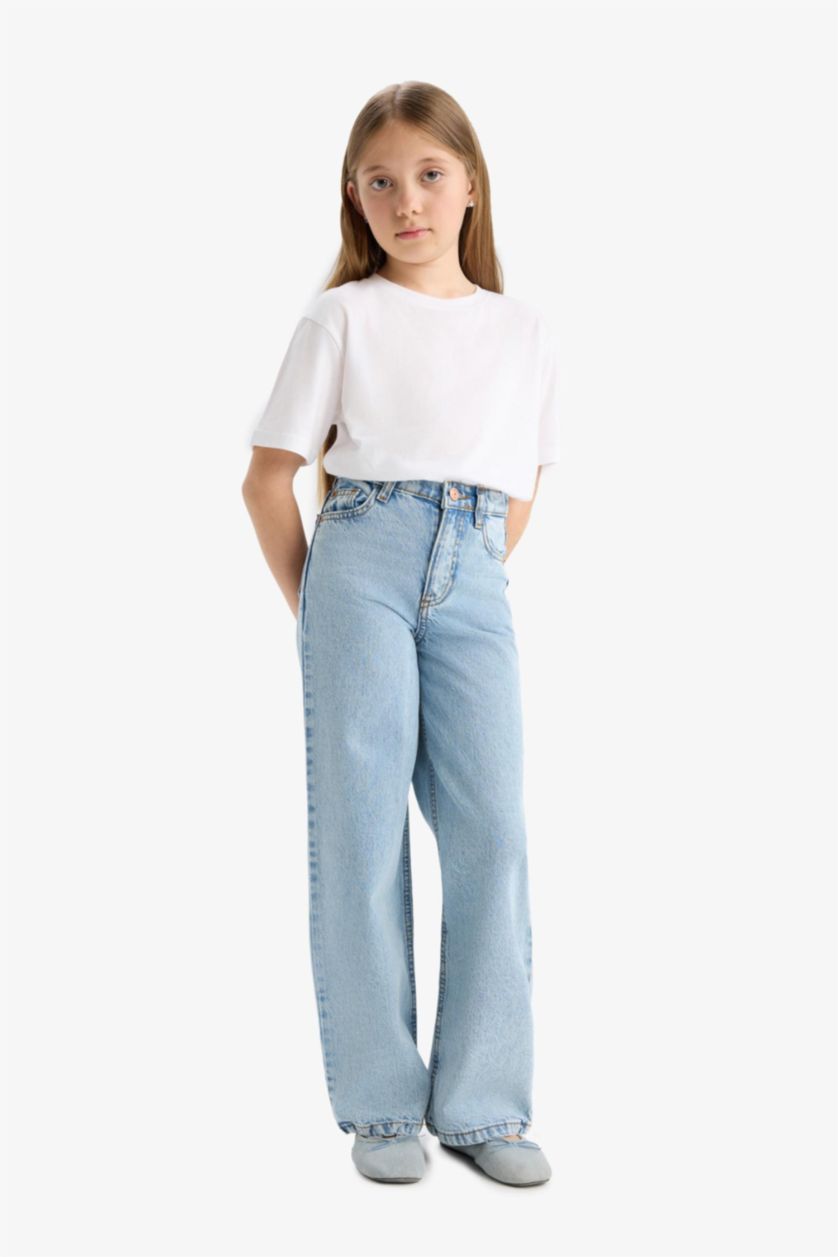 Kız Çocuk - Genç Kız Açık Mavi Wide Leg Geniş Paça Jean Pantolon Kız Çocuk