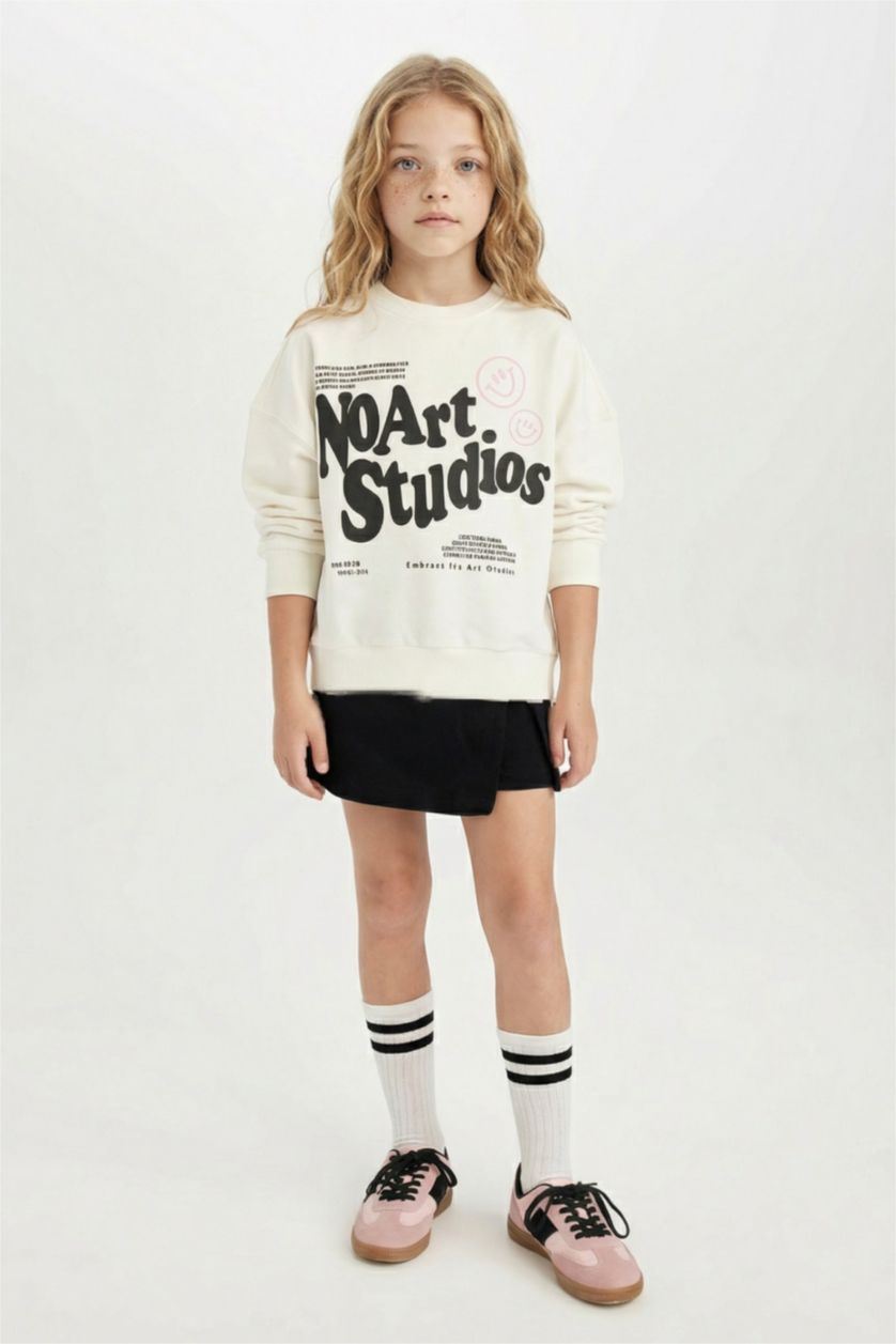 Kız Çocuk - Genç Kız Ekru Oversize Geniş Kalıp Bisiklet Yaka Baskılı Sweatshirt Kız Çocuk