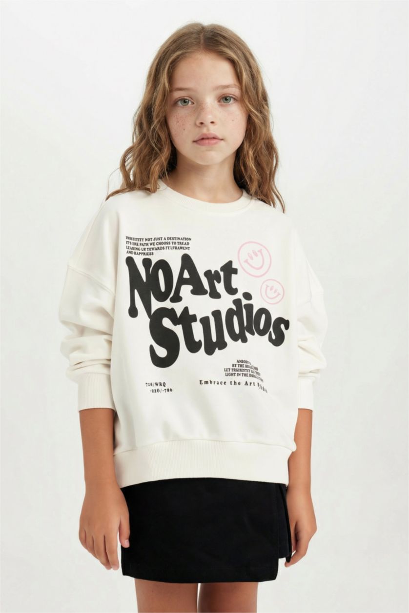 Kız Çocuk - Genç Kız Ekru Oversize Geniş Kalıp Bisiklet Yaka Baskılı Sweatshirt Kız Çocuk