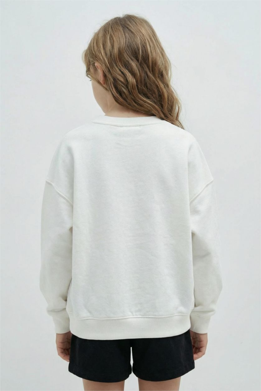 Kız Çocuk - Genç Kız Ekru Oversize Geniş Kalıp Bisiklet Yaka Baskılı Sweatshirt Kız Çocuk