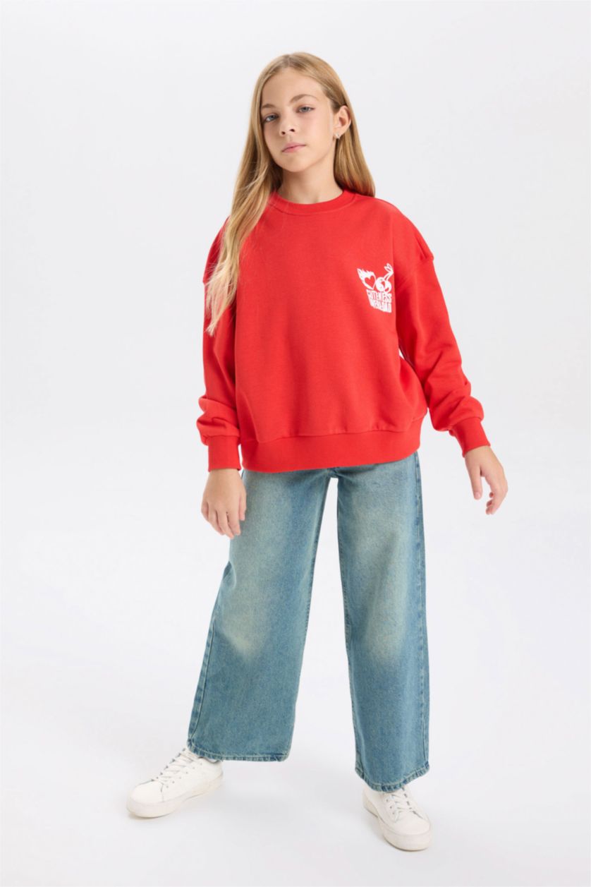 Kız Çocuk - Genç Kız Kırmızı Kız Çocuk Oversize Geniş Kalıp Bisiklet Yaka Sırt Baskılı Sweatshirt