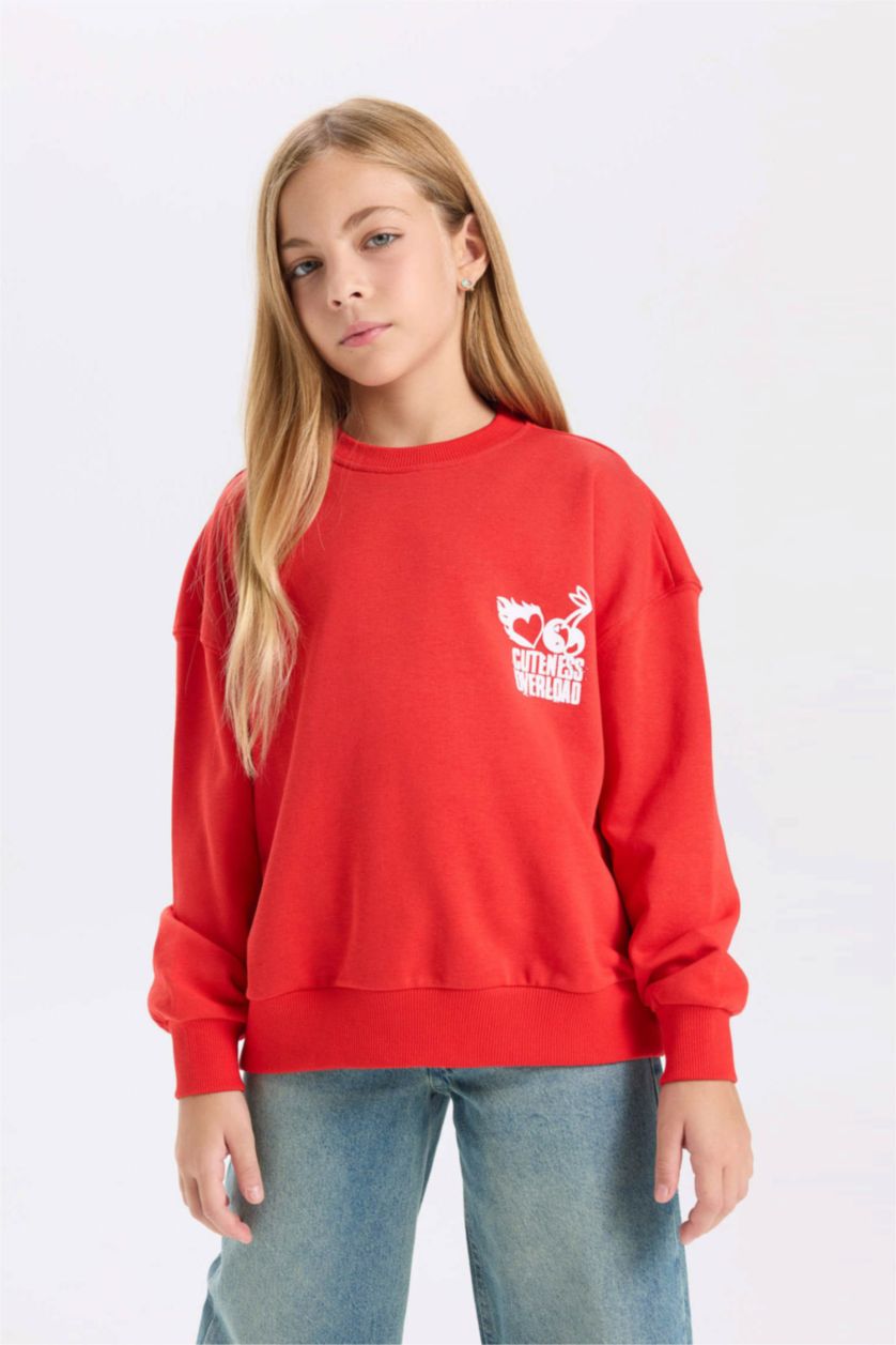 Kız Çocuk - Genç Kız Kırmızı Kız Çocuk Oversize Geniş Kalıp Bisiklet Yaka Sırt Baskılı Sweatshirt