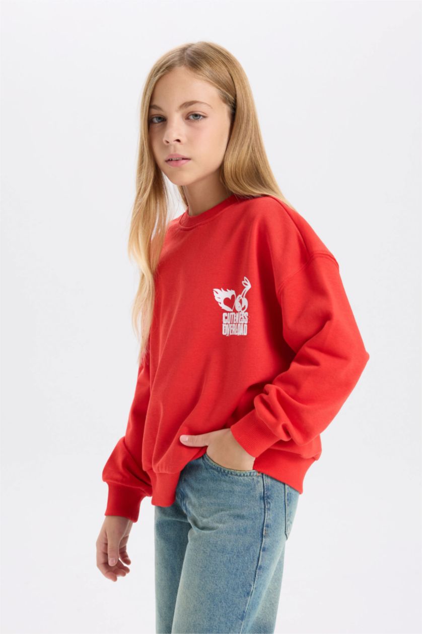Kız Çocuk - Genç Kız Kırmızı Kız Çocuk Oversize Geniş Kalıp Bisiklet Yaka Sırt Baskılı Sweatshirt
