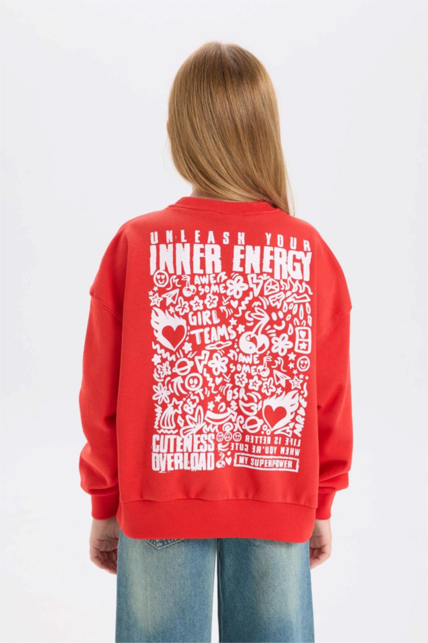 Kız Çocuk - Genç Kız Kırmızı Kız Çocuk Oversize Geniş Kalıp Bisiklet Yaka Sırt Baskılı Sweatshirt
