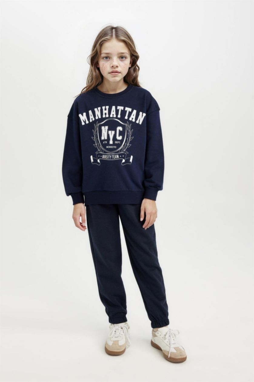 Kız Çocuk - Genç Kız Lacivert Kız Çocuk Relax Fit Bisiklet Yaka Baskılı Sweatshirt