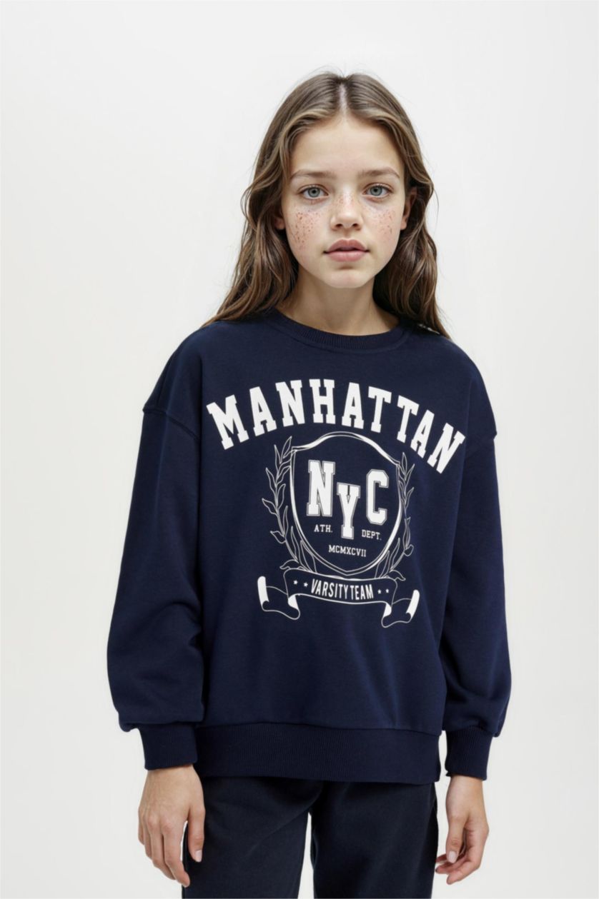 Kız Çocuk - Genç Kız Lacivert Kız Çocuk Relax Fit Bisiklet Yaka Baskılı Sweatshirt