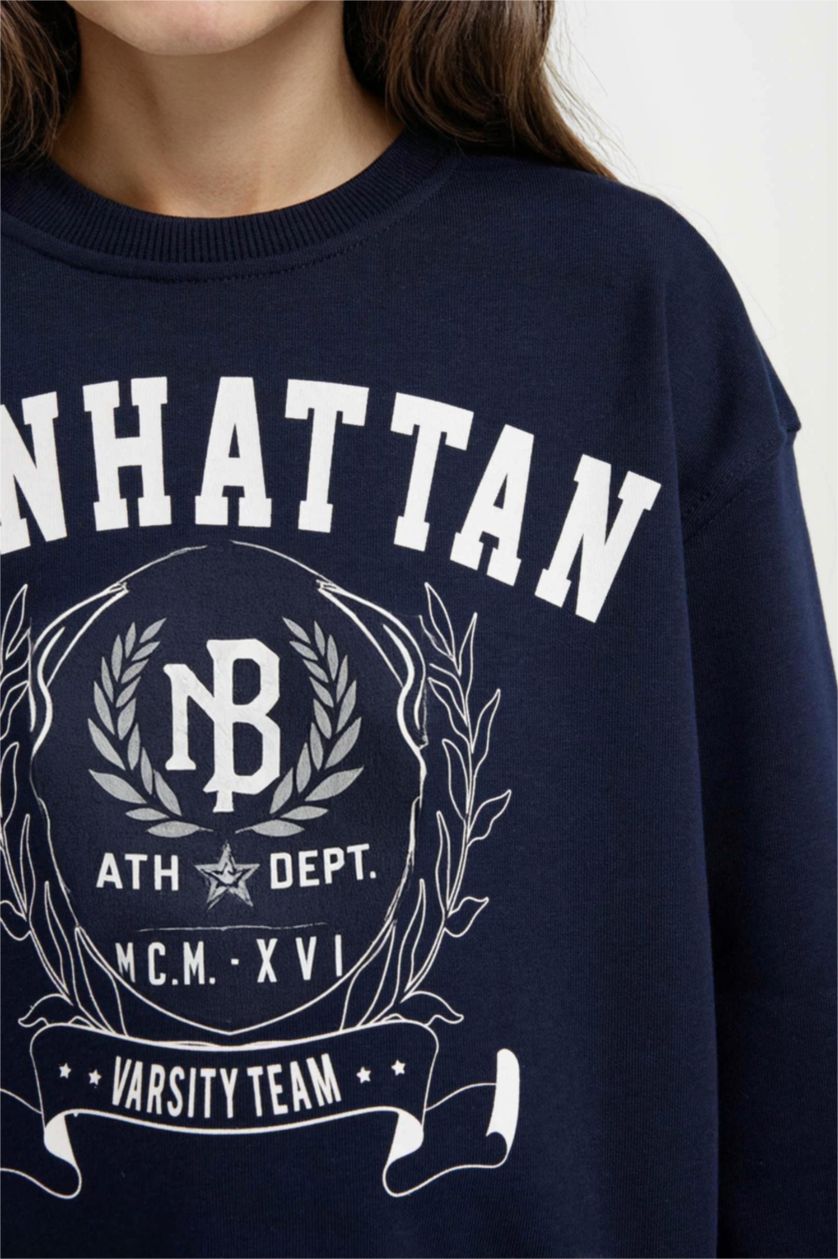 Kız Çocuk - Genç Kız Lacivert Kız Çocuk Relax Fit Bisiklet Yaka Baskılı Sweatshirt