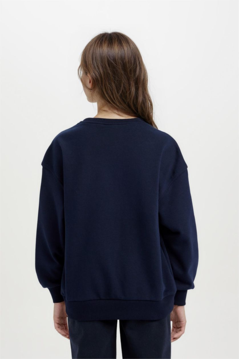 Kız Çocuk - Genç Kız Lacivert Kız Çocuk Relax Fit Bisiklet Yaka Baskılı Sweatshirt