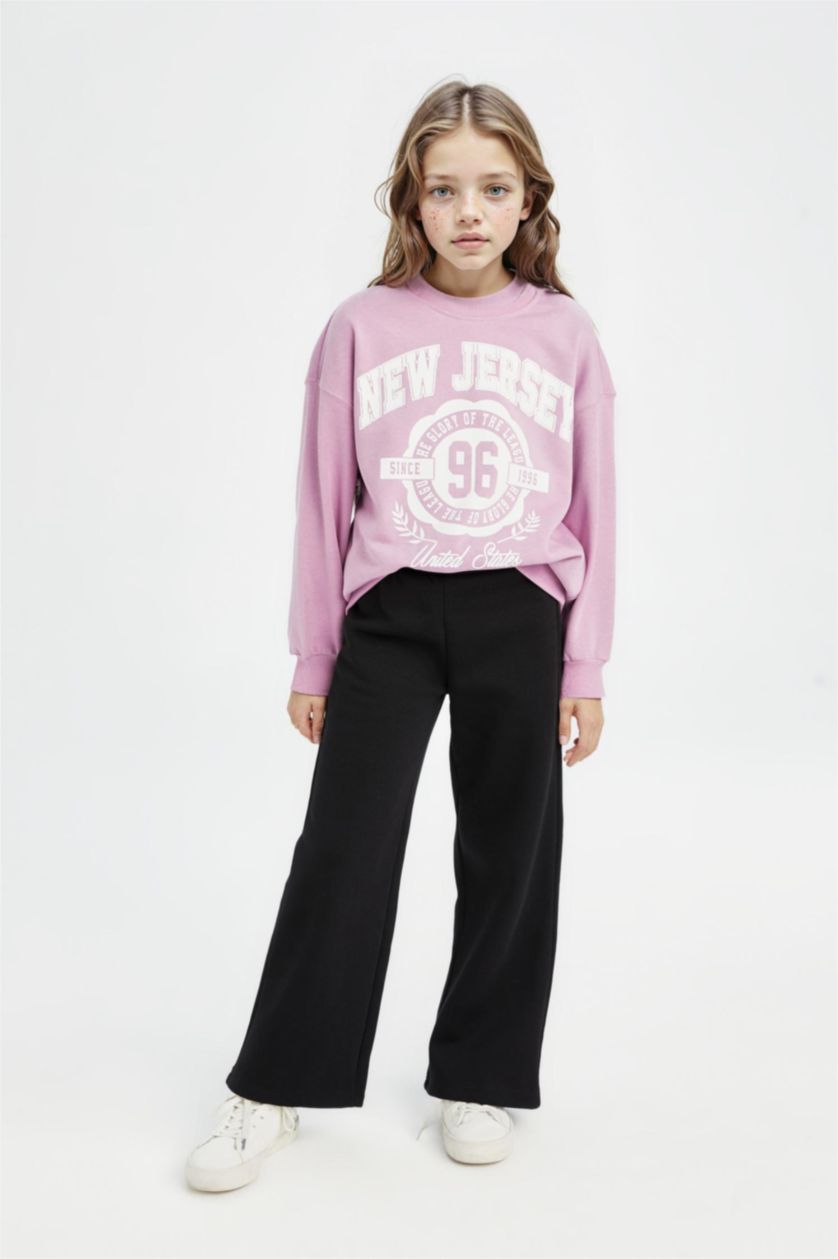 Kız Çocuk - Genç Kız Lila Relax Fit Bisiklet Yaka Baskılı Sweatshirt Kız Çocuk