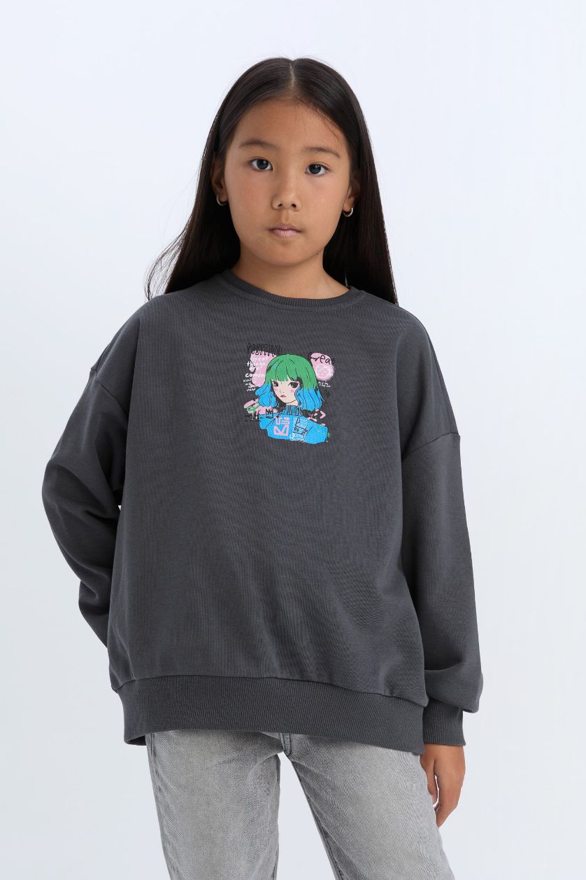 Kız Çocuk - Genç Kız Antrasit Relax Fit Bisiklet Yaka Baskılı Sweatshirt Kız Çocuk