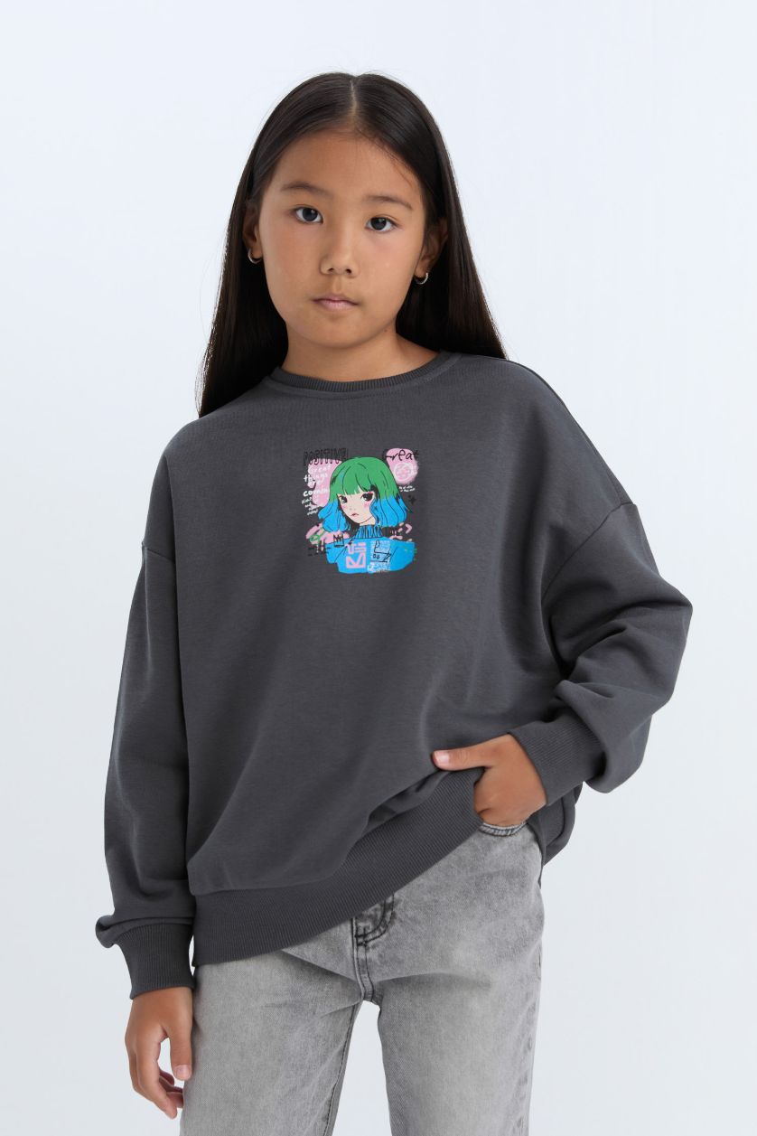 Kız Çocuk - Genç Kız Antrasit Relax Fit Bisiklet Yaka Baskılı Sweatshirt Kız Çocuk