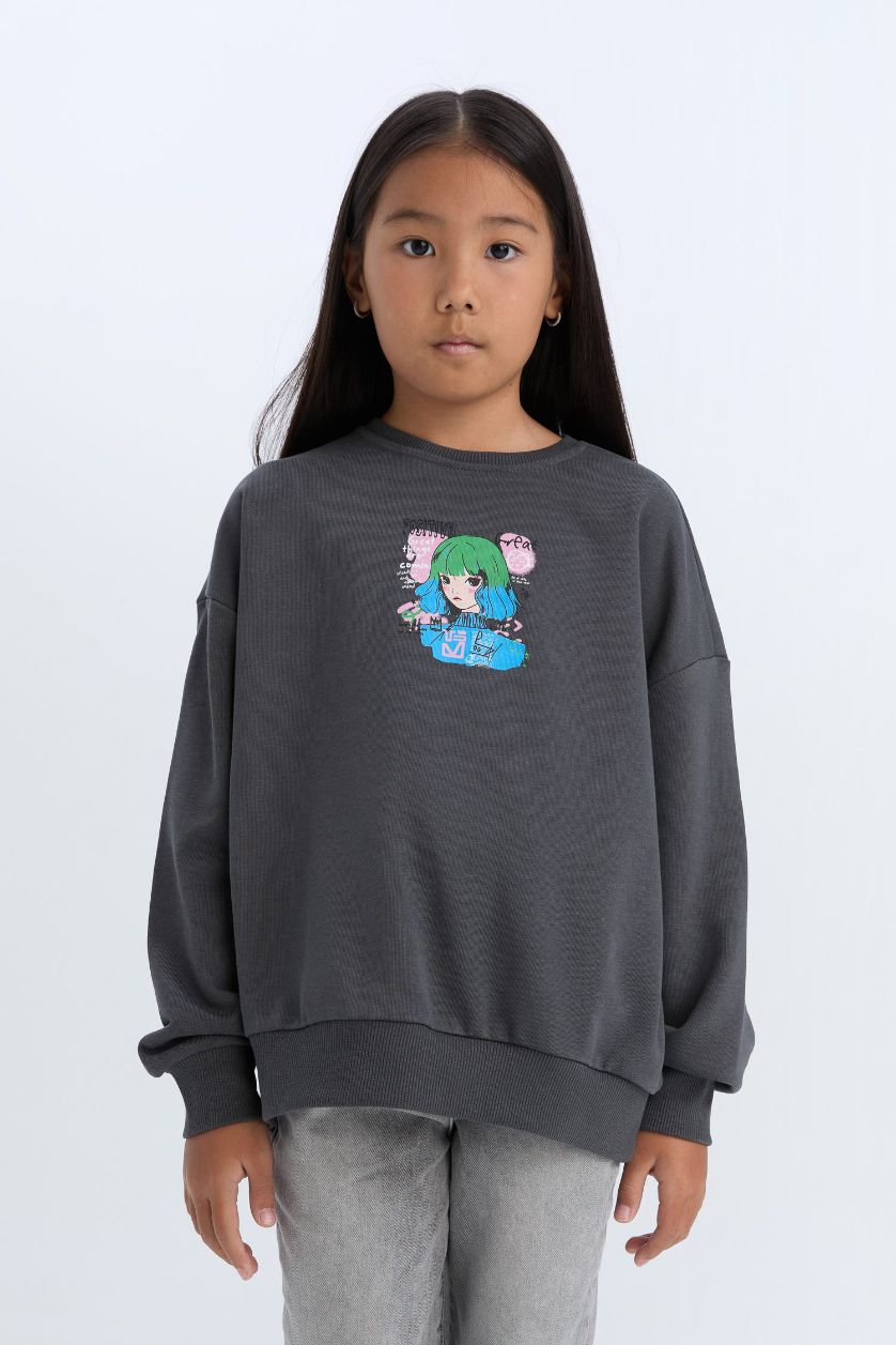 Kız Çocuk - Genç Kız Antrasit Relax Fit Bisiklet Yaka Baskılı Sweatshirt Kız Çocuk