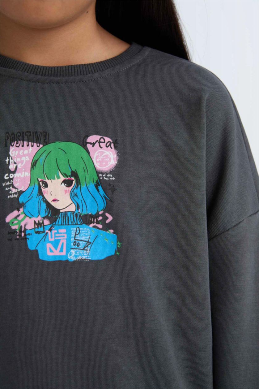 Kız Çocuk - Genç Kız Antrasit Relax Fit Bisiklet Yaka Baskılı Sweatshirt Kız Çocuk