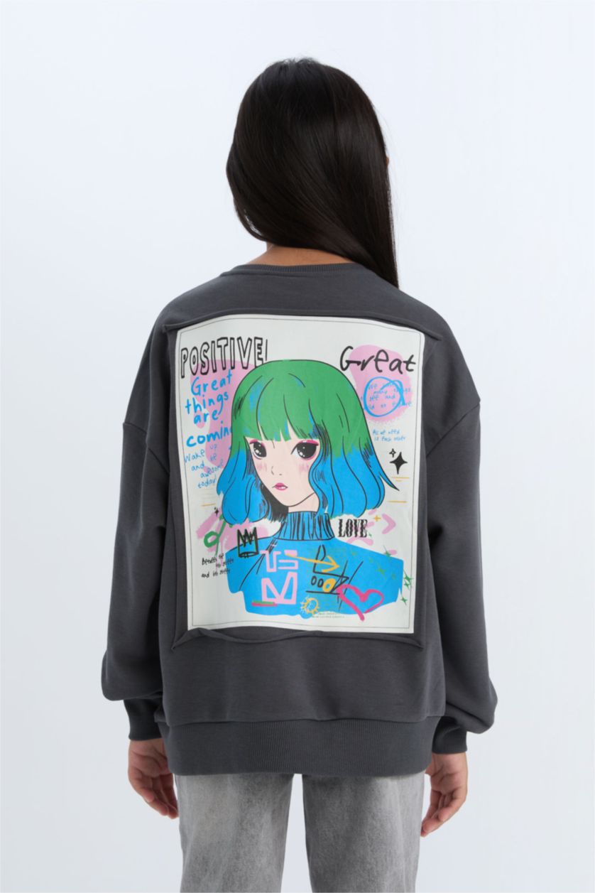 Kız Çocuk - Genç Kız Antrasit Relax Fit Bisiklet Yaka Baskılı Sweatshirt Kız Çocuk