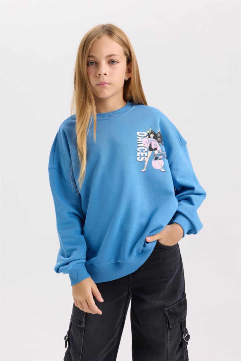 Kız Çocuk - Genç Kız Mavi Relax Fit Bisiklet Yaka Sırt Baskılı Sweatshirt Kız Çocuk