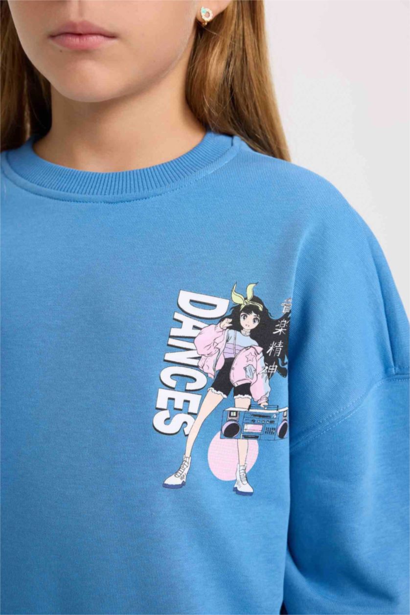 Kız Çocuk - Genç Kız Mavi Relax Fit Bisiklet Yaka Sırt Baskılı Sweatshirt Kız Çocuk
