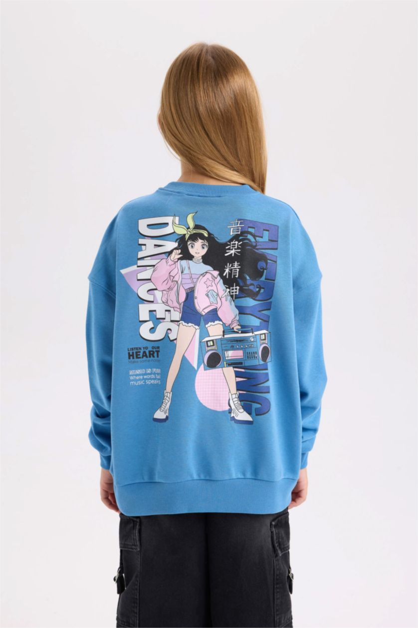 Kız Çocuk - Genç Kız Mavi Relax Fit Bisiklet Yaka Sırt Baskılı Sweatshirt Kız Çocuk