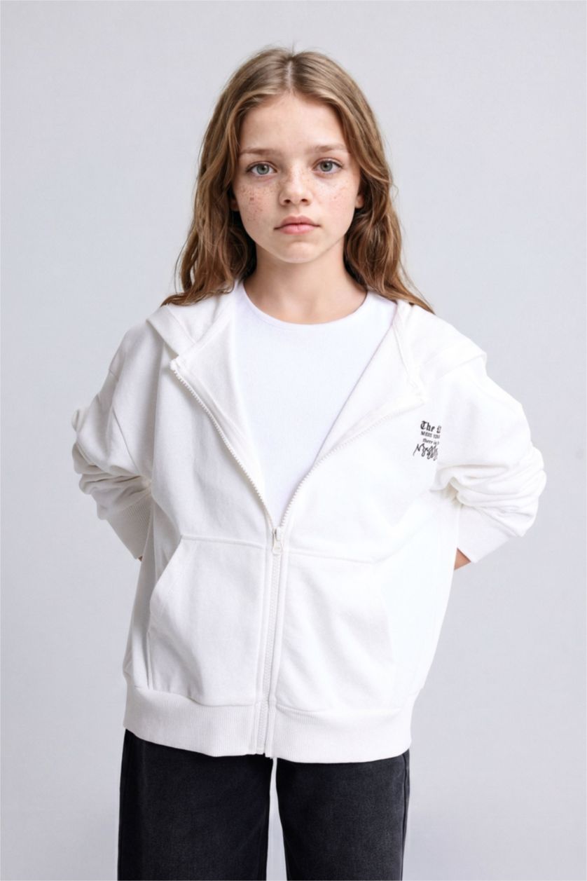 Kız Çocuk - Genç Kız Ekru Oversize Geniş Kalıp Kapüşonlu Baskılı Fermuarlı Sweatshirt Kız Çocuk