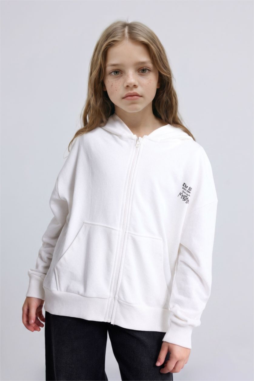 Kız Çocuk - Genç Kız Ekru Oversize Geniş Kalıp Kapüşonlu Baskılı Fermuarlı Sweatshirt Kız Çocuk