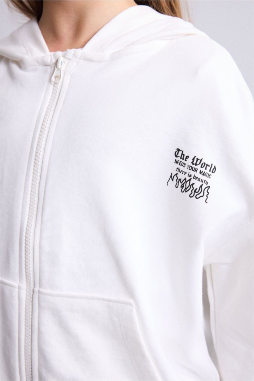 Kız Çocuk - Genç Kız Ekru Oversize Geniş Kalıp Kapüşonlu Baskılı Fermuarlı Sweatshirt Kız Çocuk