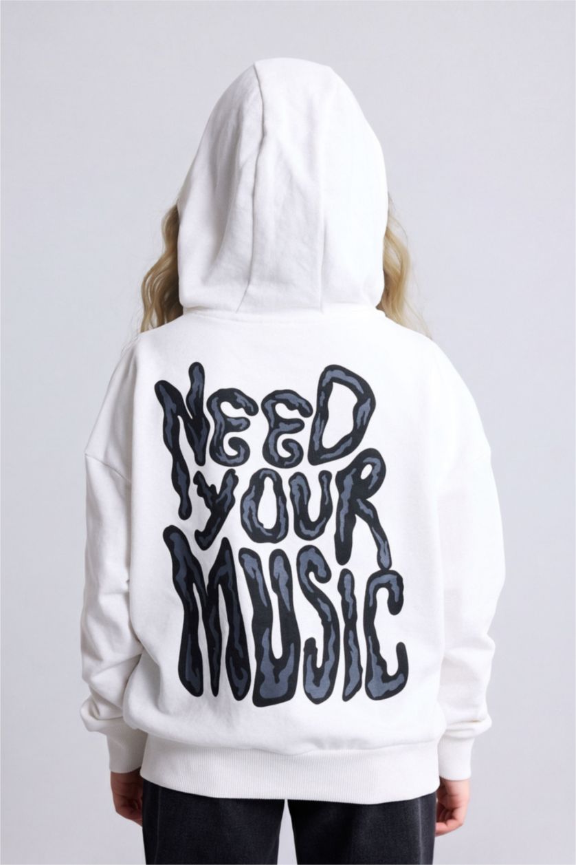 Kız Çocuk - Genç Kız Ekru Oversize Geniş Kalıp Kapüşonlu Baskılı Fermuarlı Sweatshirt Kız Çocuk