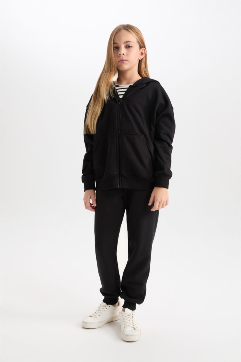 Kız Çocuk - Genç Kız Siyah Basıc Düz Kapüşonlu Hırka Kız Çocuk