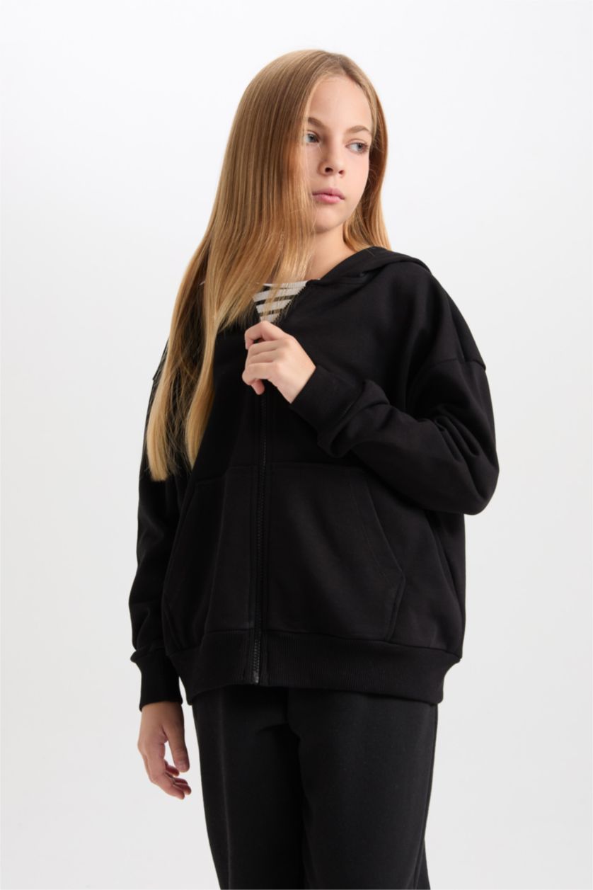 Kız Çocuk - Genç Kız Siyah Basıc Düz Kapüşonlu Hırka Kız Çocuk