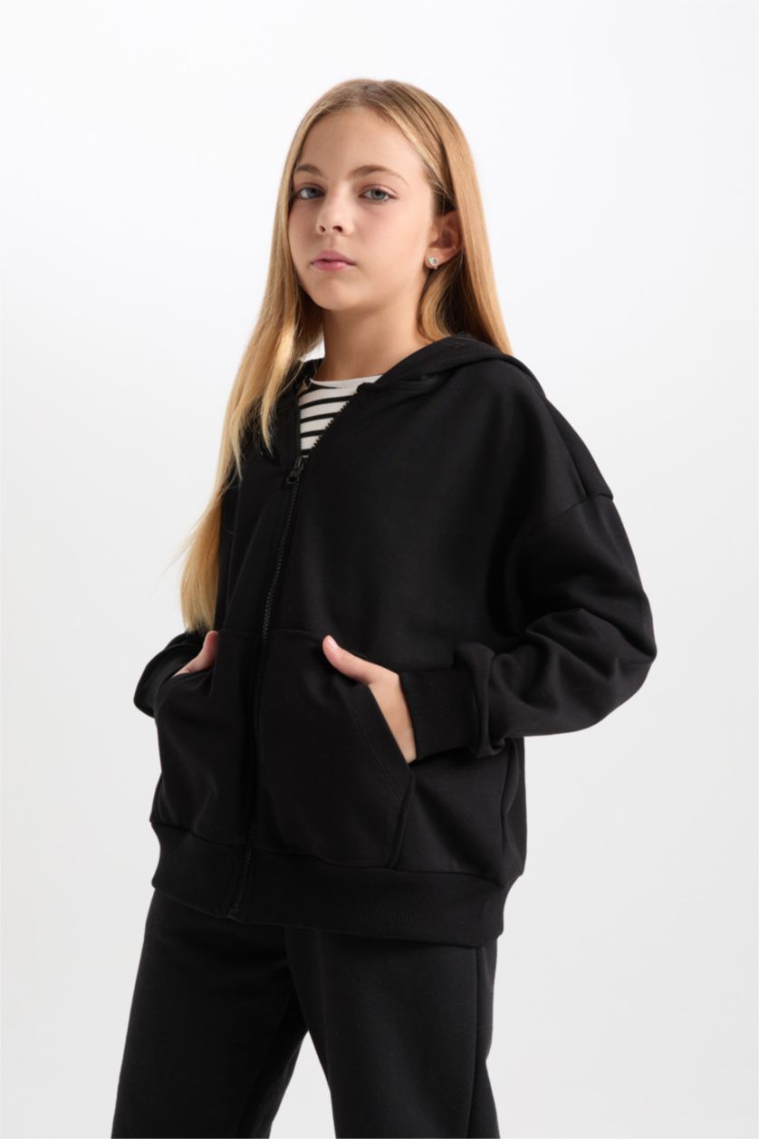 Kız Çocuk - Genç Kız Siyah Basıc Düz Kapüşonlu Hırka Kız Çocuk