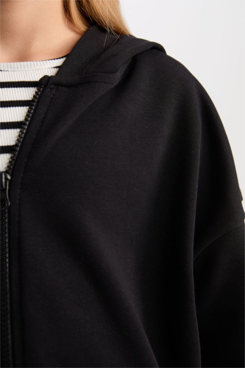 Kız Çocuk - Genç Kız Siyah Basıc Düz Kapüşonlu Hırka Kız Çocuk