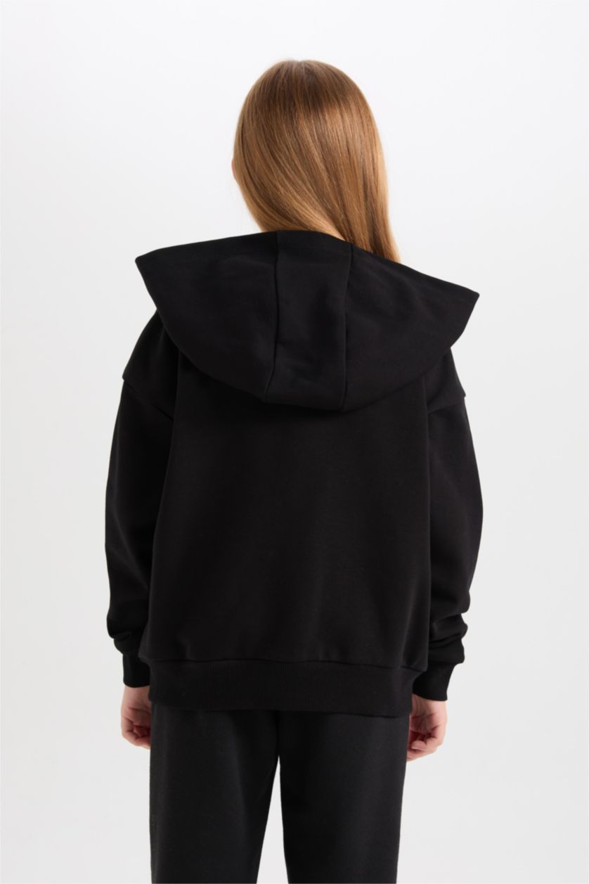 Kız Çocuk - Genç Kız Siyah Basıc Düz Kapüşonlu Hırka Kız Çocuk