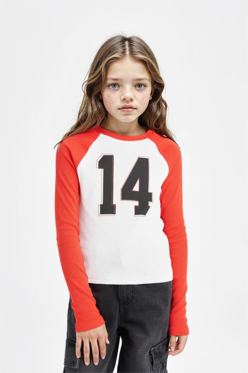 Kız Çocuk - Genç Kız Beyaz Bisiklet Yaka Baskılı Fitilli Kaşkorse Uzun Kollu Tişört Kız Çocuk