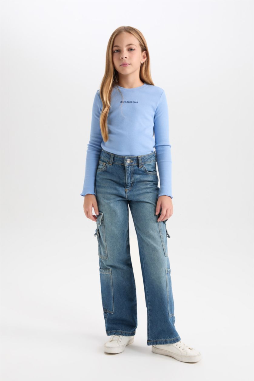 Kız Çocuk - Genç Kız Mavi Kız Çocuk Bisiklet Yaka Baskılı Fitilli Kaşkorse Uzun Kollu Tişört