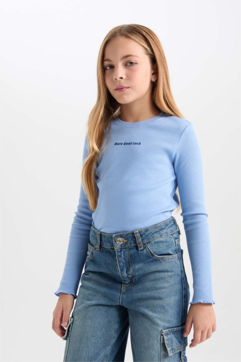 Kız Çocuk - Genç Kız Mavi Kız Çocuk Bisiklet Yaka Baskılı Fitilli Kaşkorse Uzun Kollu Tişört